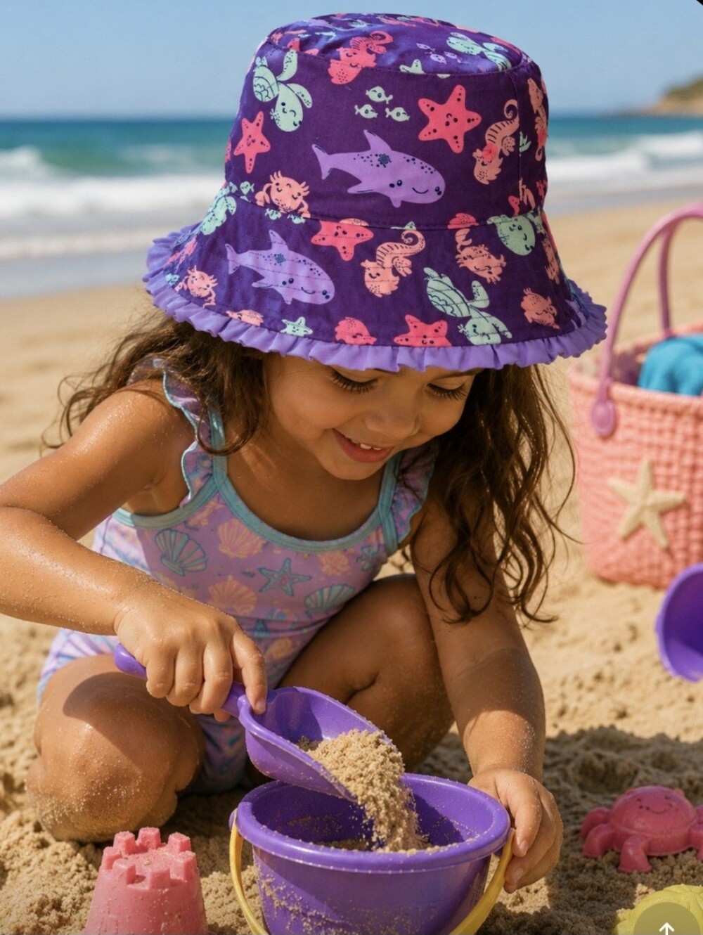 UV SKINS GIRLS REVERSIBLE  HATPurple Bucket Hat with Sea Creatures Doubke Sided